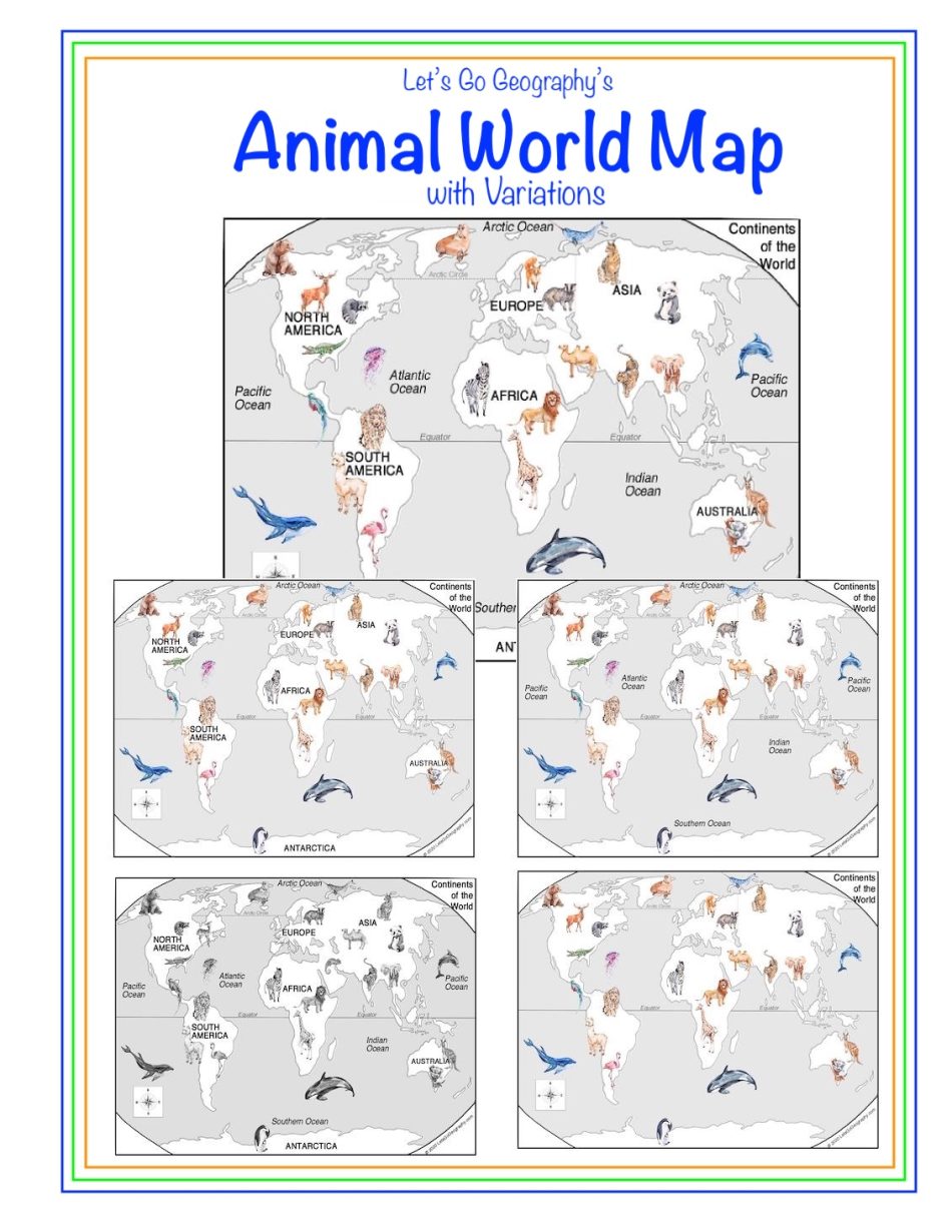 World Map with Animals for kids
