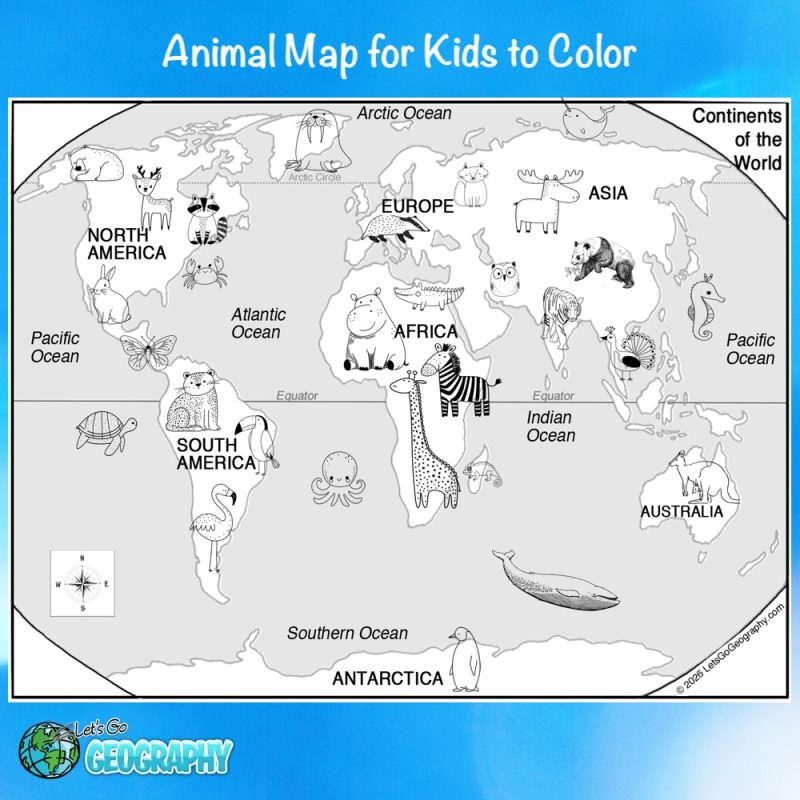 Animal World Map to Color