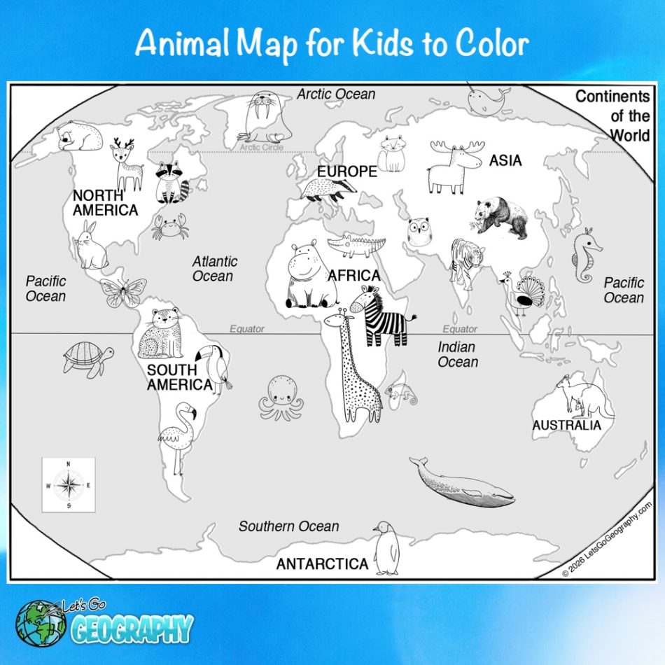 Animal World Map to Color