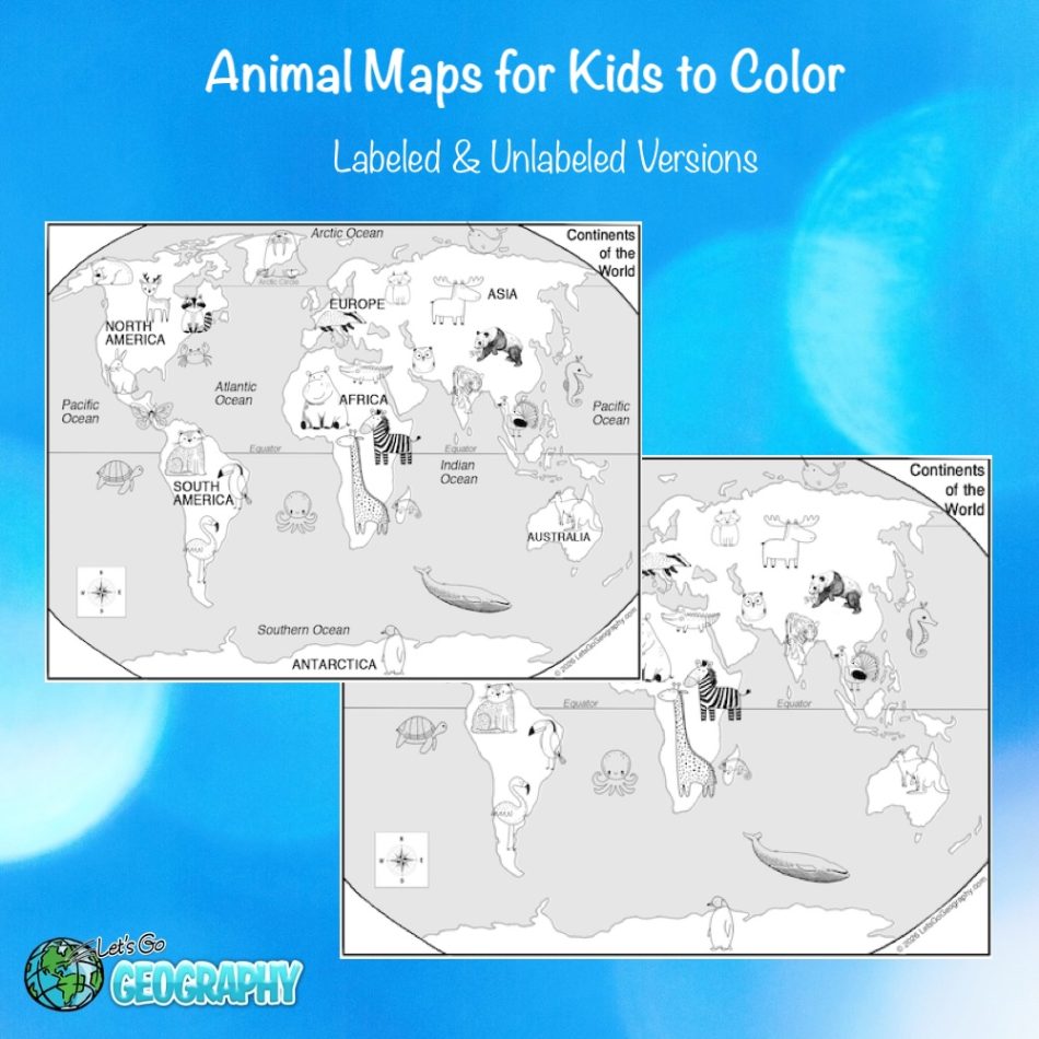 Animal World Map to Color with Unlabeled Version