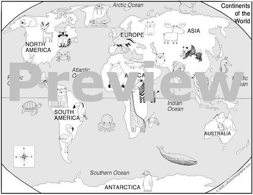 Kids World Map with Animals to Color